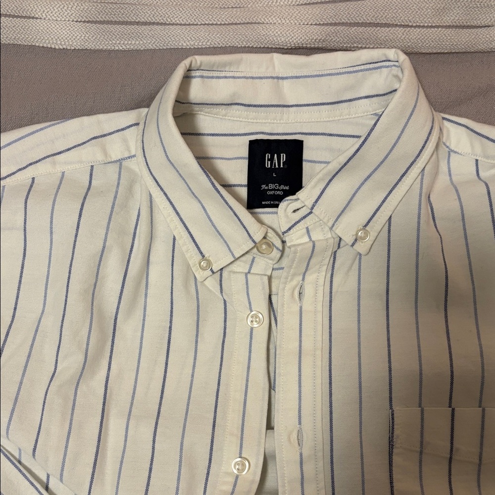GAP Men's Cream and Blue Striped Button Down Shirt